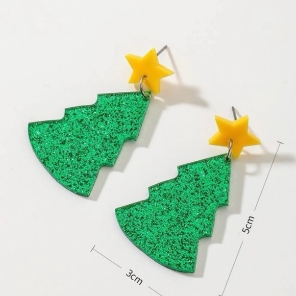 Boutique Glittery Christmas Tree Earrings Green Gold New with Tags - Picture 2 of 5
